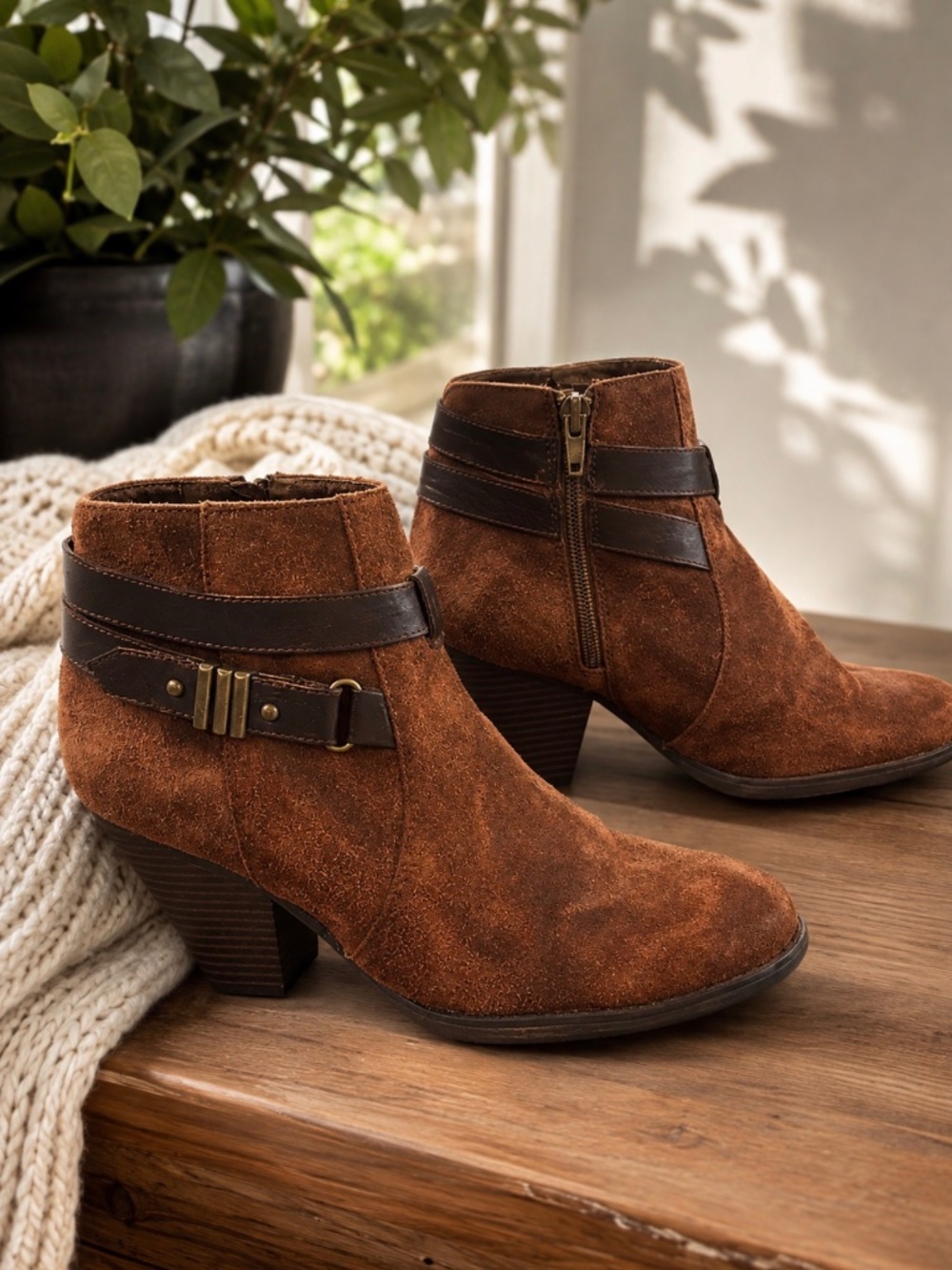 Madden Girl Sulley Brown Belted Ankle Booties | 7M | Stacked Heel